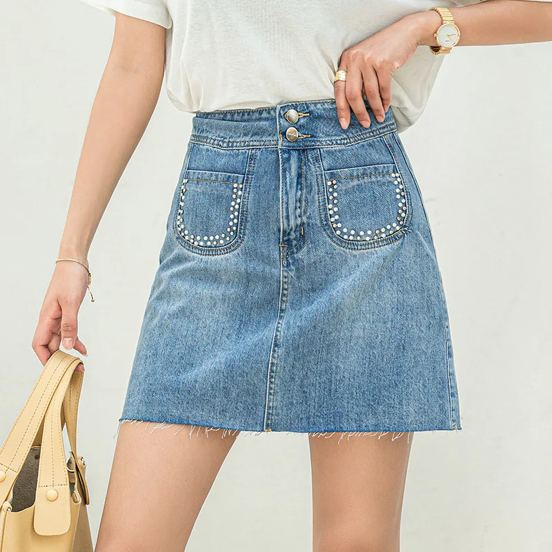 

New Summer Double Buckle High Waist Ladies Beaded Denim Skirt Skirt All-Match Blue Short Skirt Skirt Tide A Word Pleated Skirt