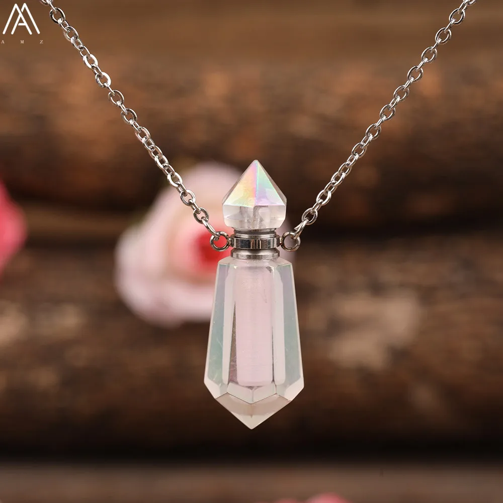 

Titanium AB Rainbow White Quartz Delicate Perfume Bottle Point Pendant Jewelry Women Natural Crystal Diffuser Gold Necklace