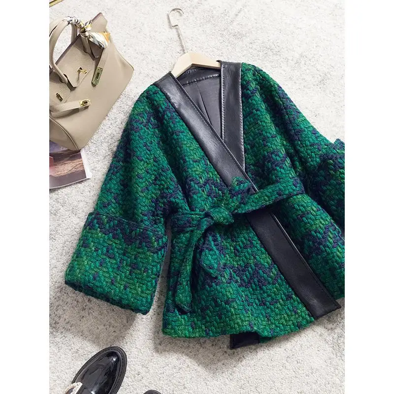 Jaqueta solta de Tweed verde feminina, casacos