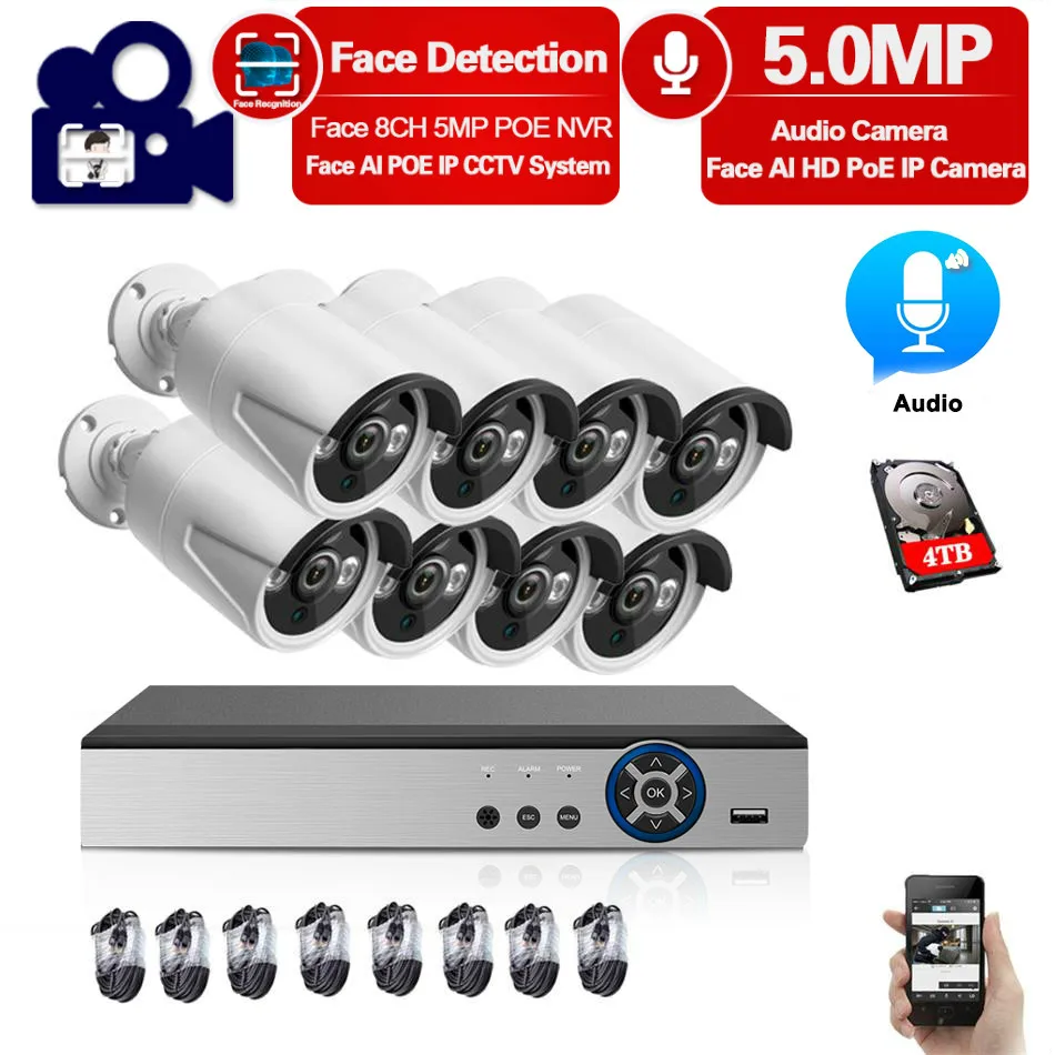 CCTV Video Surveillance Ip Camera 8 Channels POE NVR Outdoor Security Monitoring Camera System Kit 8ch 5mp Poe Cameras Full Set