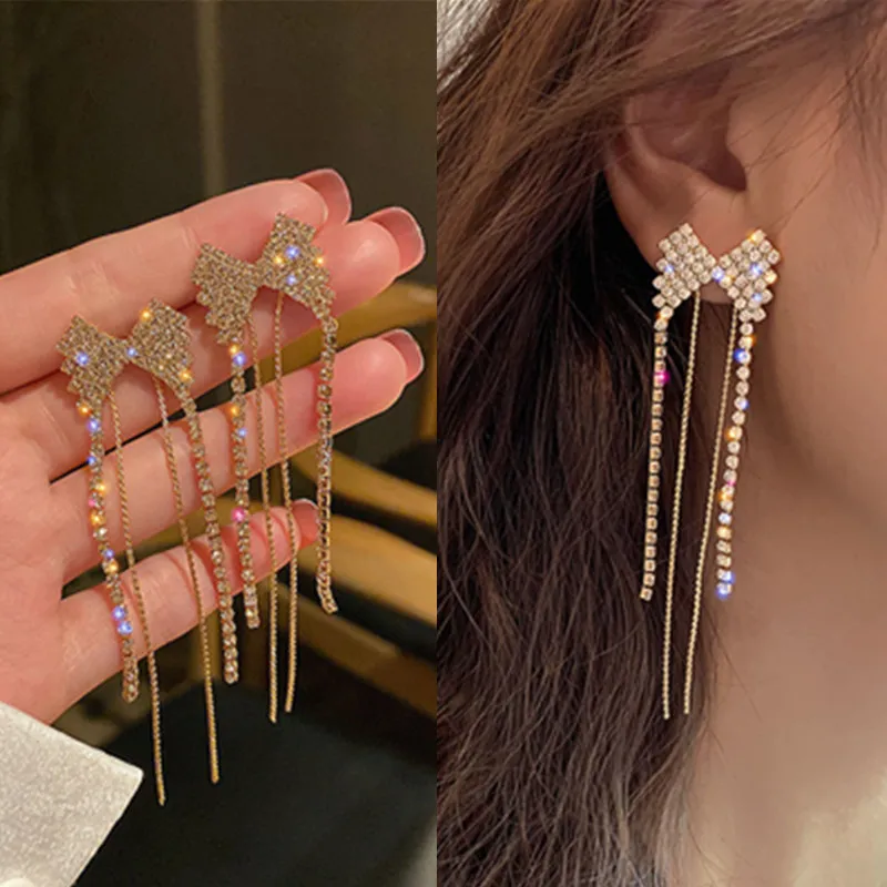 

2022 New Fashion Kortean Long Dangle Earrings For Women Full Crystal Pearl Tassel Drop Earring Vintage Gold Brincos Jewelry