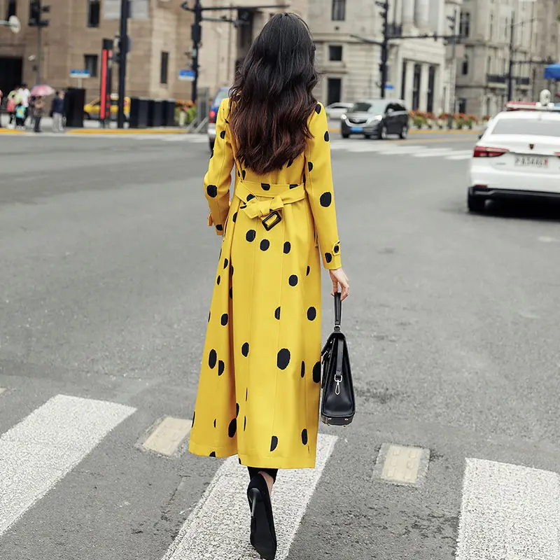 

Spring Autumn Women Trench Coat Double Breasted Europe America Fashion Polka Dot Long Windbreaker Office Lady Outwear