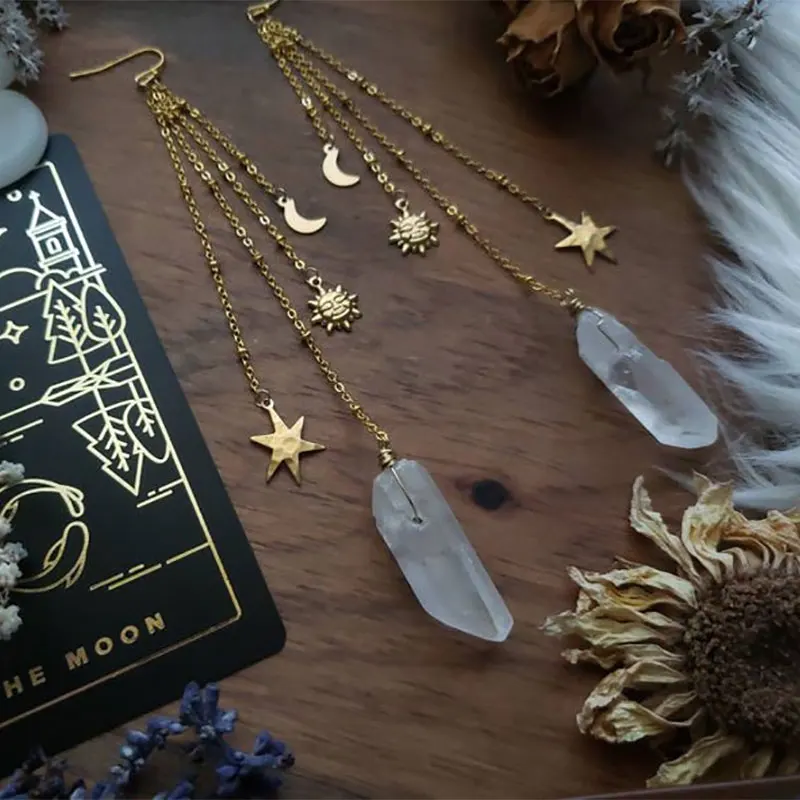 Серьги elestial Sun Moon звезда и кварц латунь солнце звезды луна бохо небесное