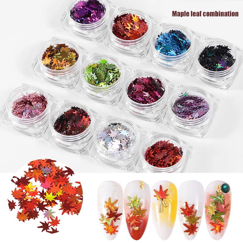 

12 Colors Manicure Maple Leaf Sequin Multi-color Flash Nail Sticker Nail Art Accessory Tool For women Y1
