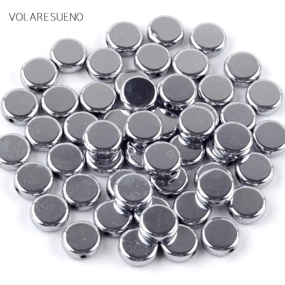 

Бусины из натурального камня для изготовления ювелирных изделий «сделай сам», гладкие Серебристые гематитовые камни, плоские круглые буси...