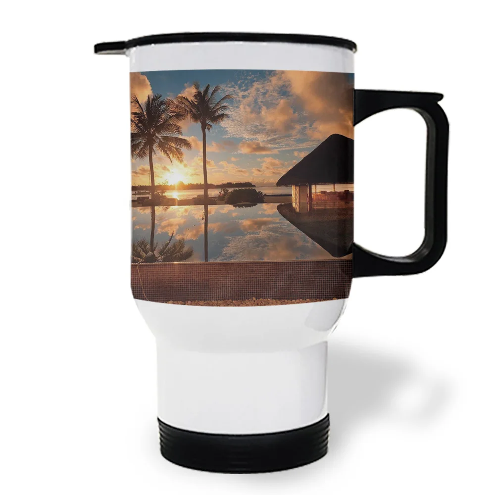 Пляж Закат кокосовое дерево морской кофе чашка с крышкой нержавеющая сталь