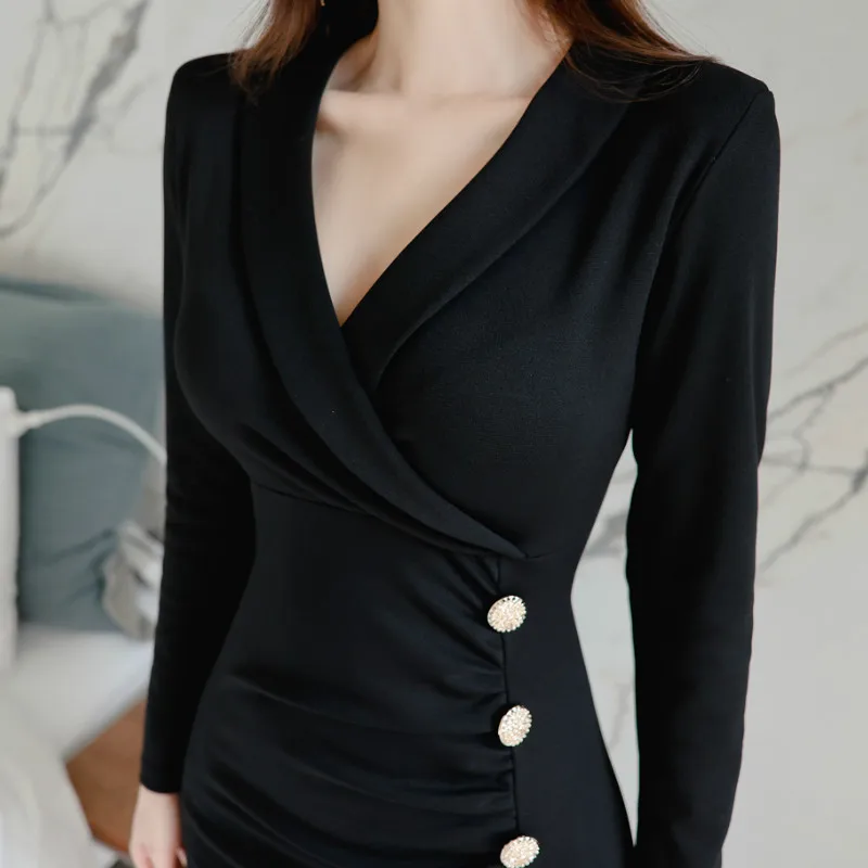 

Spring Notched Office Cloth Mini Bodycon Split Long Sleeved Black Sexy OL Work Women's Brief Dress