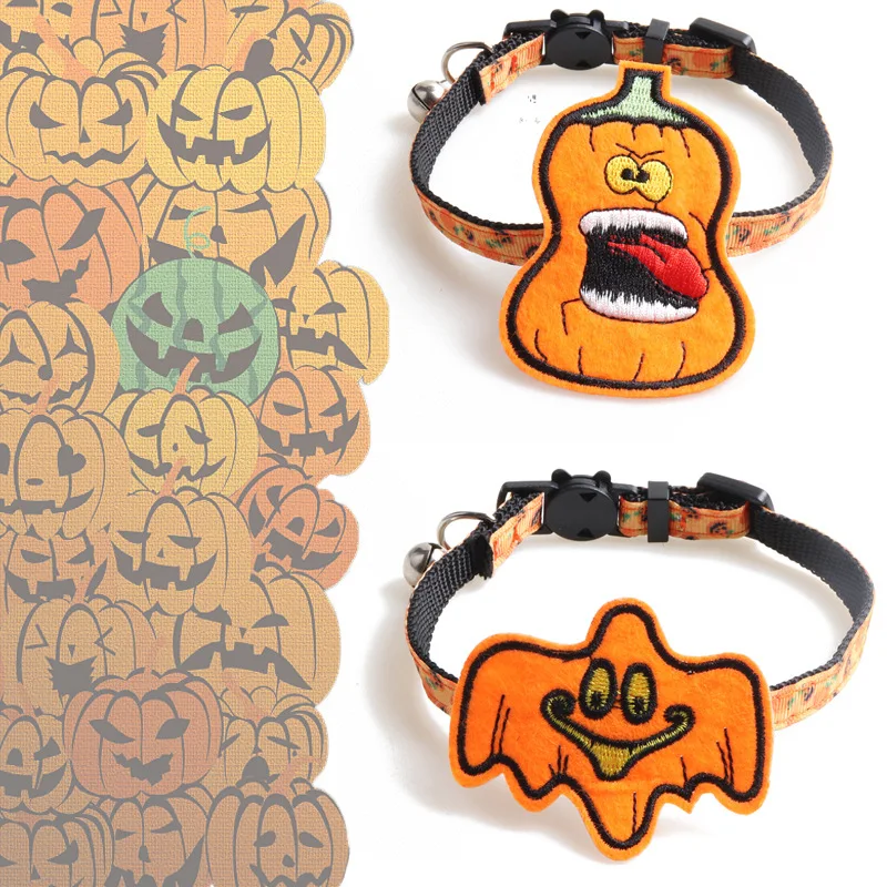

1.0*28cm Grotesque Pumpkin Cat Decoration Fancy Cat Collar with Bell Halloween Cat Accessories Pet Breakaway Cat Kitten Collar