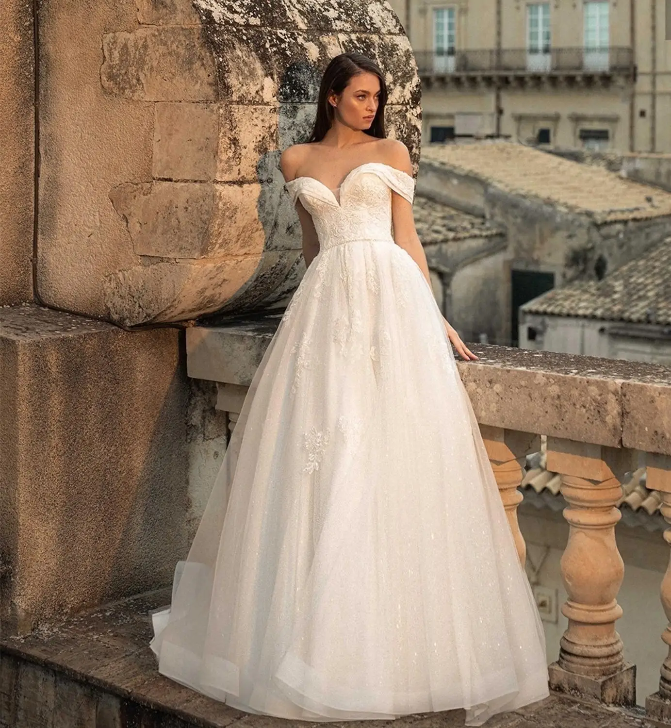 Женское ТРАПЕЦИЕВИДНОЕ свадебное платье элегантное блестящее Тюлевое до пола с