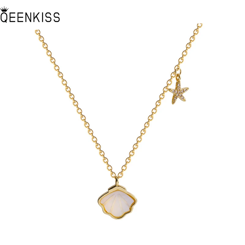 

QEENKISS NC715 Fine Jewelry Wholesale Fashion Woman Birthday Wedding Gift Starfish Shell AAA Zircon 18KT Gold Pendant Necklace