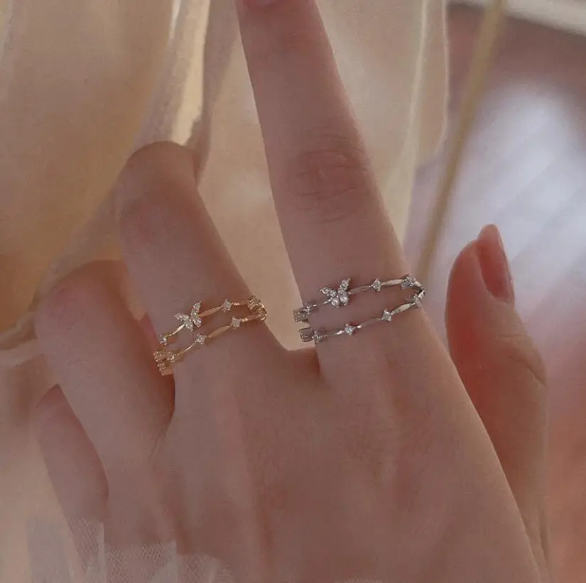 

SMTCAT 925 Sterling Silver Korean White Three-dimensional Butterfly Zircon Double Ring Set Unique Design Insect Combination