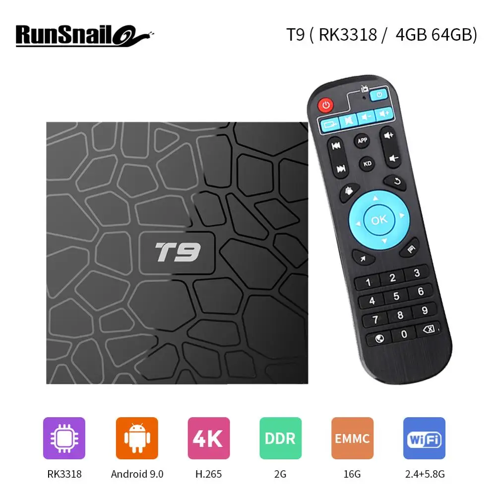 Smart Android ТВ-бокс T9 RK3318 четырехъядерный 9 0 Dual 2 4G/5G wifi 4G 64G BT 4 100M RJ-45 LAN 1080P 3D
