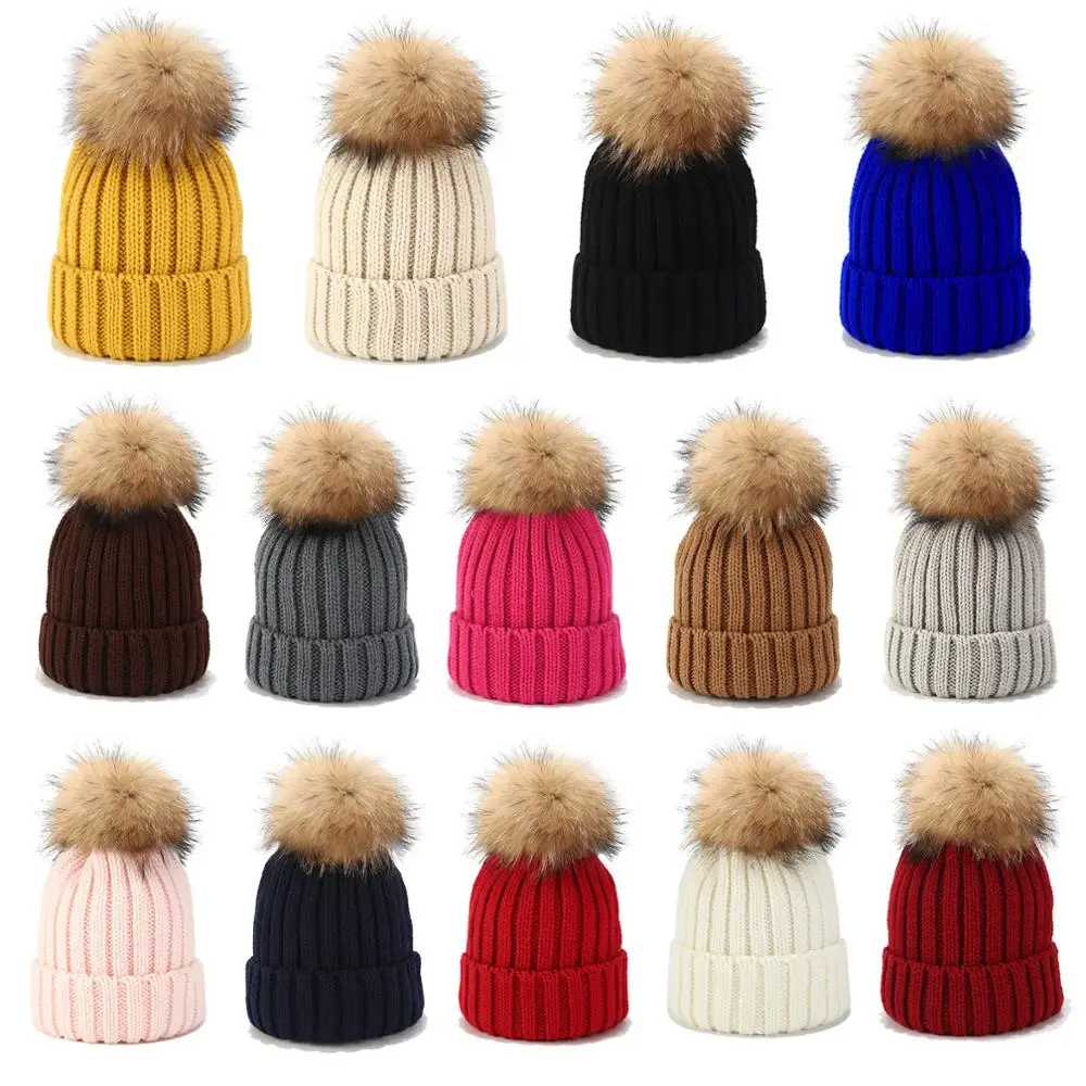 

2Pcs Parent-Child Knitted Beanie Hat Set Mother Baby Winter Pom Pom Skull Cap