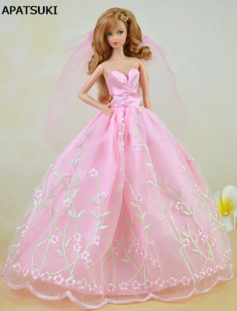 Розовое красивое свадебное платье для кукол Барби женское без рукавов + фата
