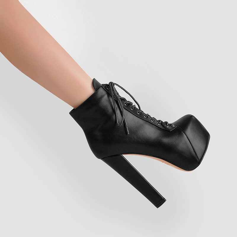 Onlymaker Women's Platform Round Toe Short Booties Block Chunky High Heel Lace Up Black Thick Plus Size Party Dress Ankle Boots