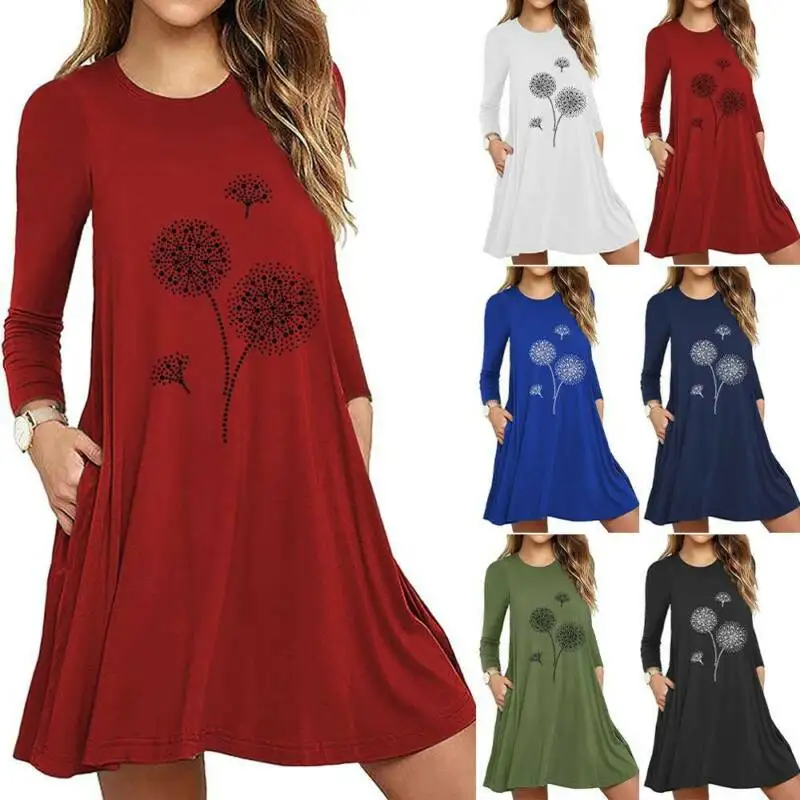 

Womens Crew Neck Long Sleeve Printed Swing Dress Pocket Loose Casual Short