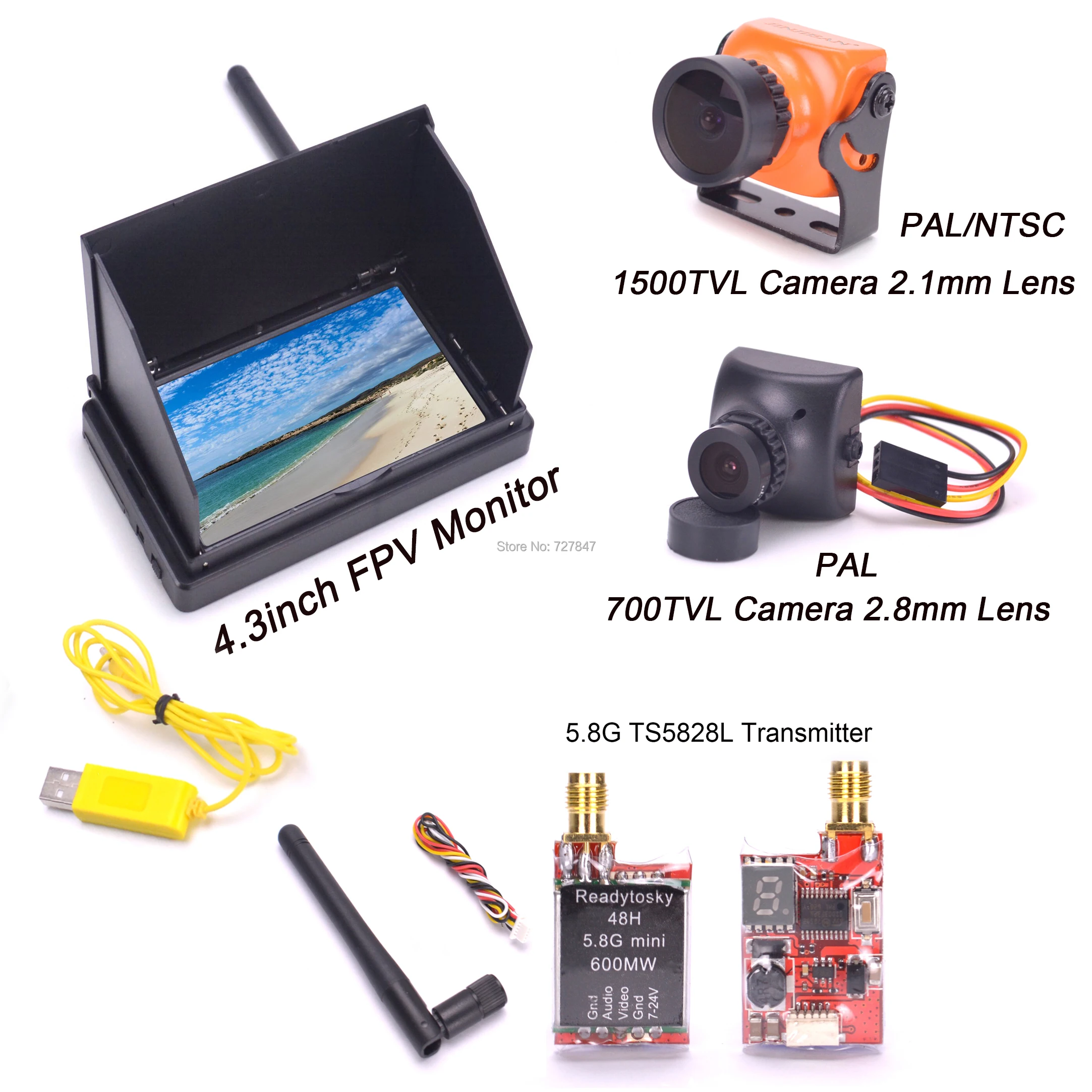 

4,3-дюймовый 48CH LCD 480x272 беспроводной приемник монитор Встроенный аккумулятор TS5828L 600mW 700TVL / 1500TVL камера для FPV дрона