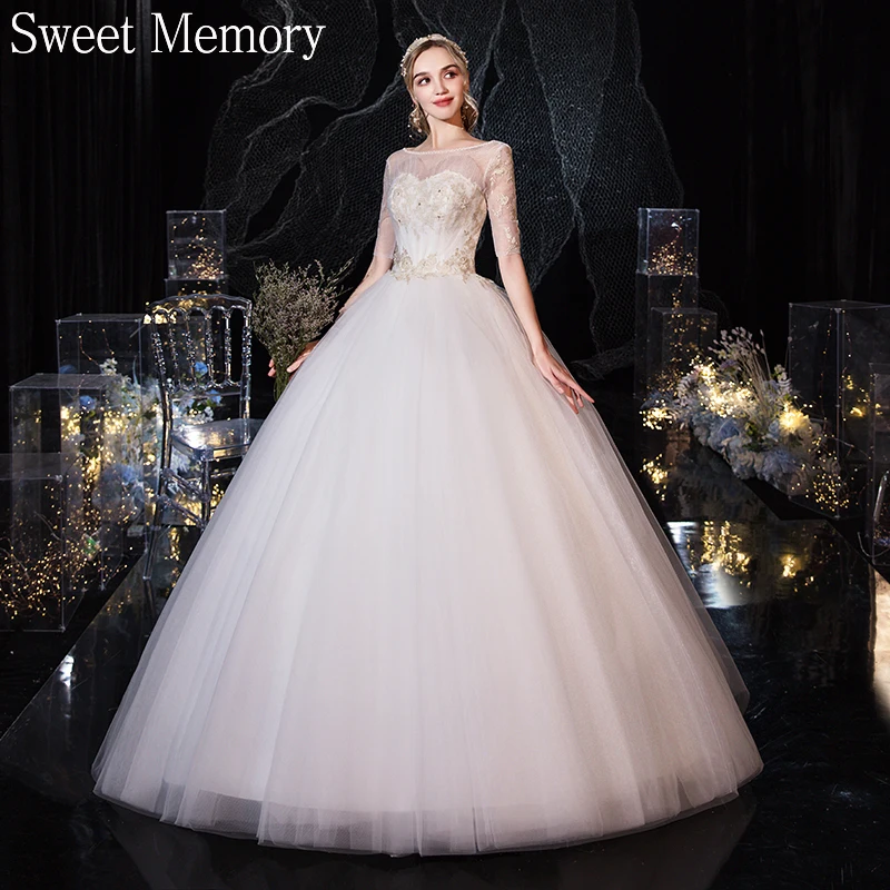 

Sweet Memory Bride Tulle Dress 2021 Illusion Lace Half Sleeve O-Neck Formal Ball Gown Floor Length Wedding Dresses Women Robes