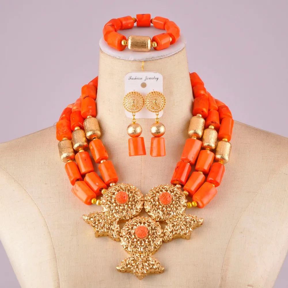 

Gorgeous orange nigreian wedding coral beads costume necklace african jewelry set C21-24-01