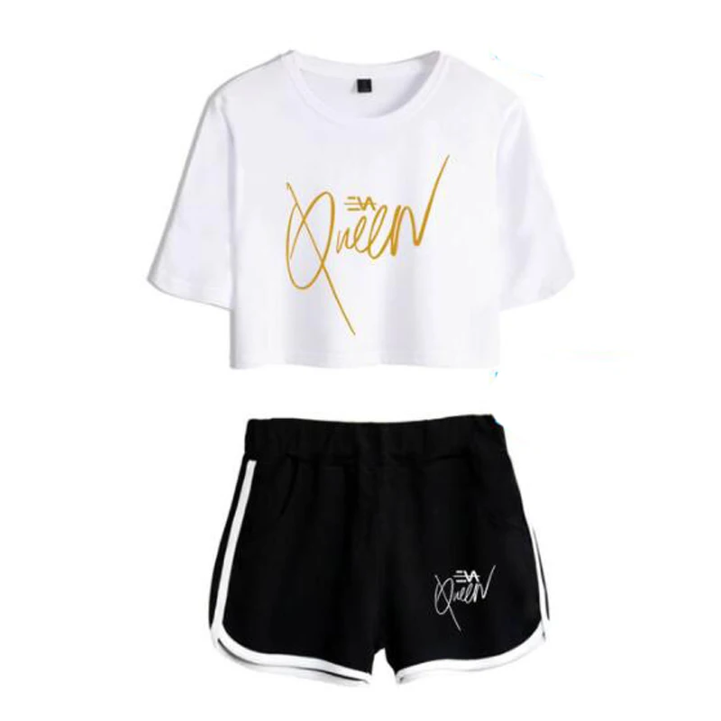 

Luxury Harajuku Fashion Design Eva Queen Two Piece Set Women Sexy Shorts+lovely T-shirt Cute Funny Sport Girl suits