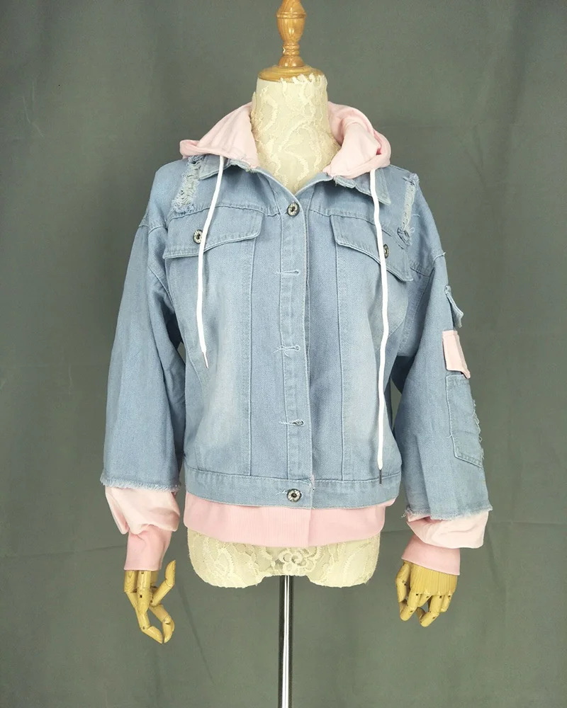 Осенняя джинсовая куртка с капюшоном для женщин Повседневная дырками винтажное