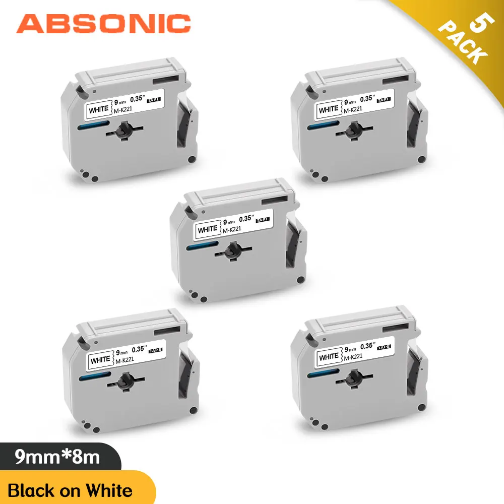 Absonic 5 шт. М лента 9 мм M221 MK221 M-K221 черный на белом для этикеток Совместимость Brother P