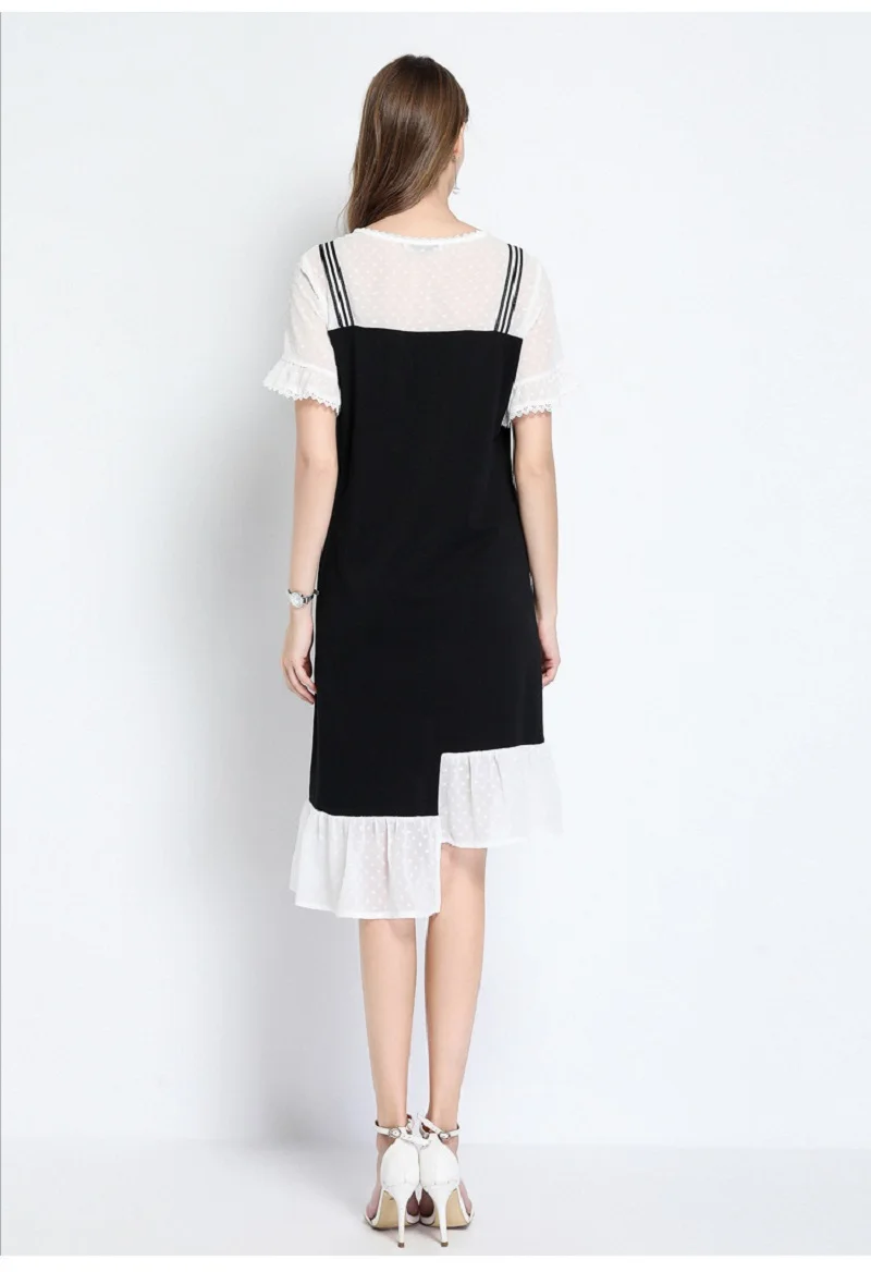 

2020Summer Elegant dress contrast color elegant Round neck asymmetrical midi dress Plus size fake two party dress vestidosXXXXX