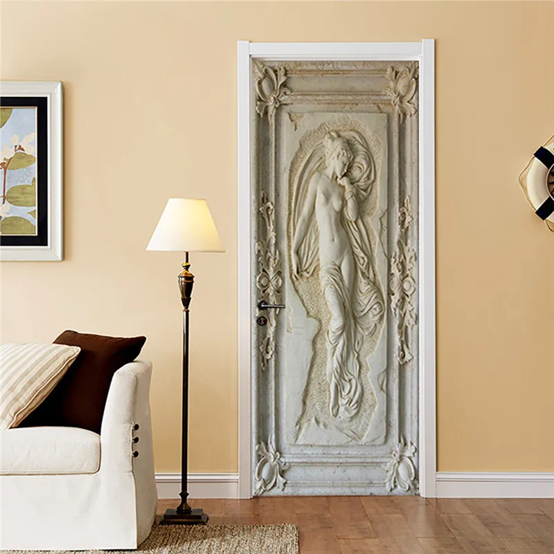 

Nordic 3D Simulation Carving Relief Self Adhesive Door Sticker Beauty Goddess Pattern Removable Wall Decals Door Mural Wallpaper