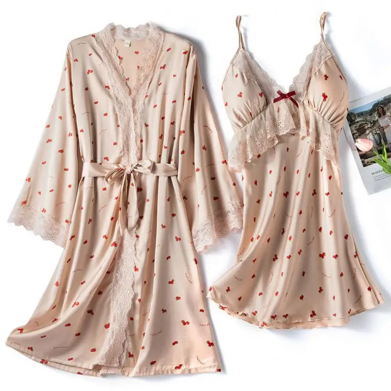 

Комплект женский кружевной с принтом клубники, кимоно с V-образным вырезом, комплект для сна, повседневная одежда для сна, домашняя одежда, 2 ...