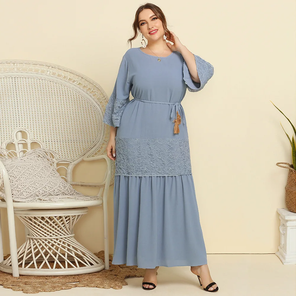 XL To 4XL Oversized Women Dress Spring Autumn Lace Patchwork Flare Sleeve Solid Elegant Party Long Dresses TJR115