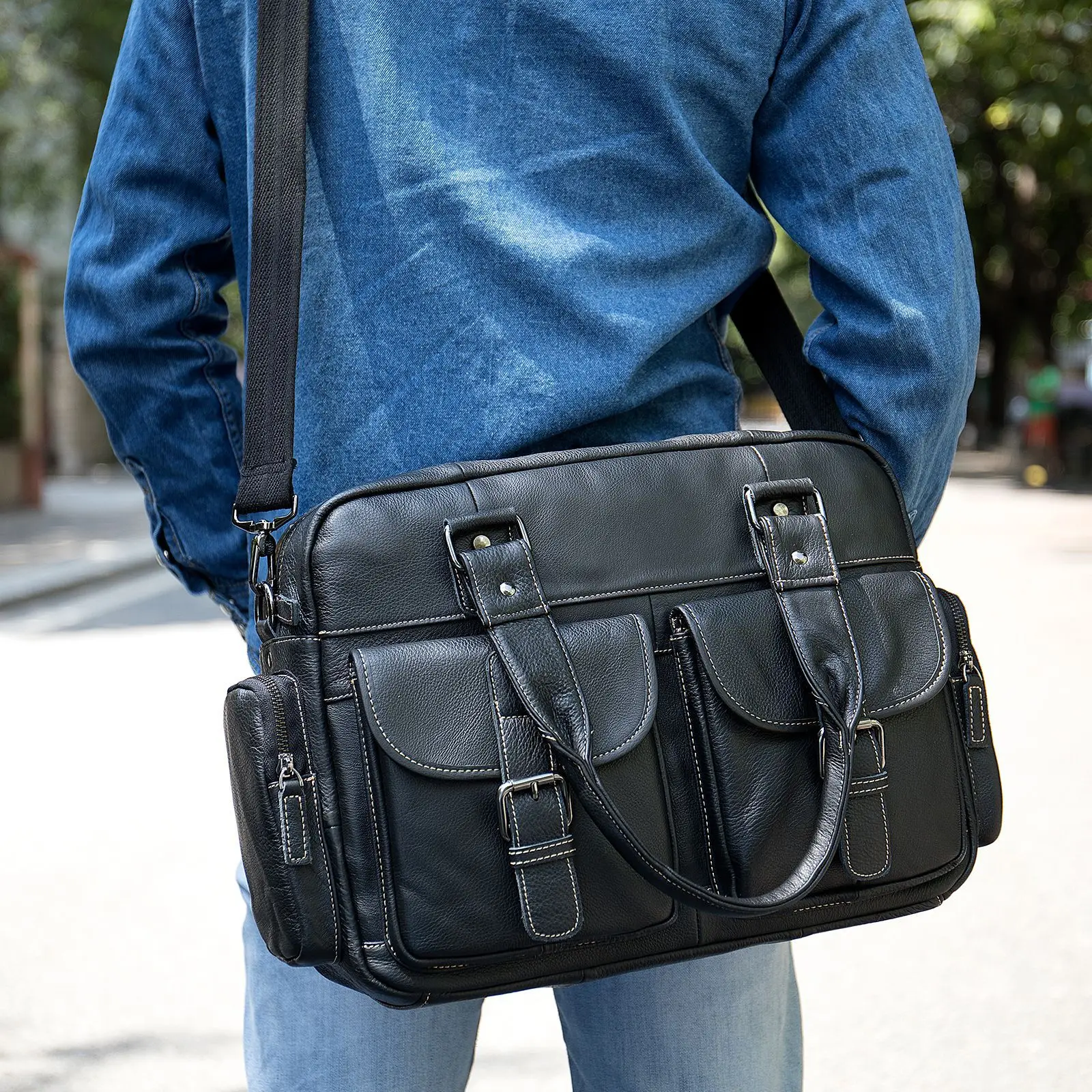 

Men's Handbag Real Leather 2021 Male Brand Large Business 15.6" Laptop Note Book File Travel Vintage Black Shoulder Hand Bags