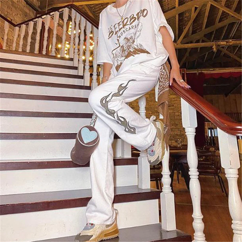 Женские прямые джинсы в стиле Харадзюку белые готические брюки из денима хип-хоп