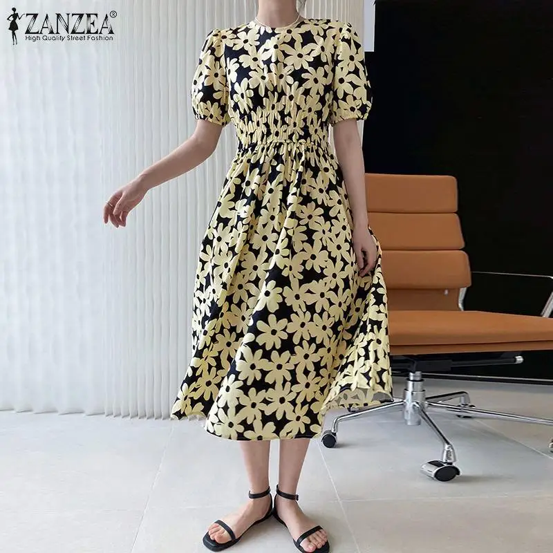 

ZANZEA 2021 Fashion Printed Dress Casual Puff Sleeve Female Elegant O Neck Robe Femme Midi Women's Summer Sundress Saias Longas