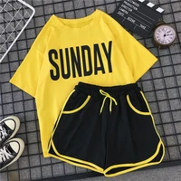 run casual sports suit womens set yellow white summer sunday print letter short sleeve shorts two piece pants set women outfits