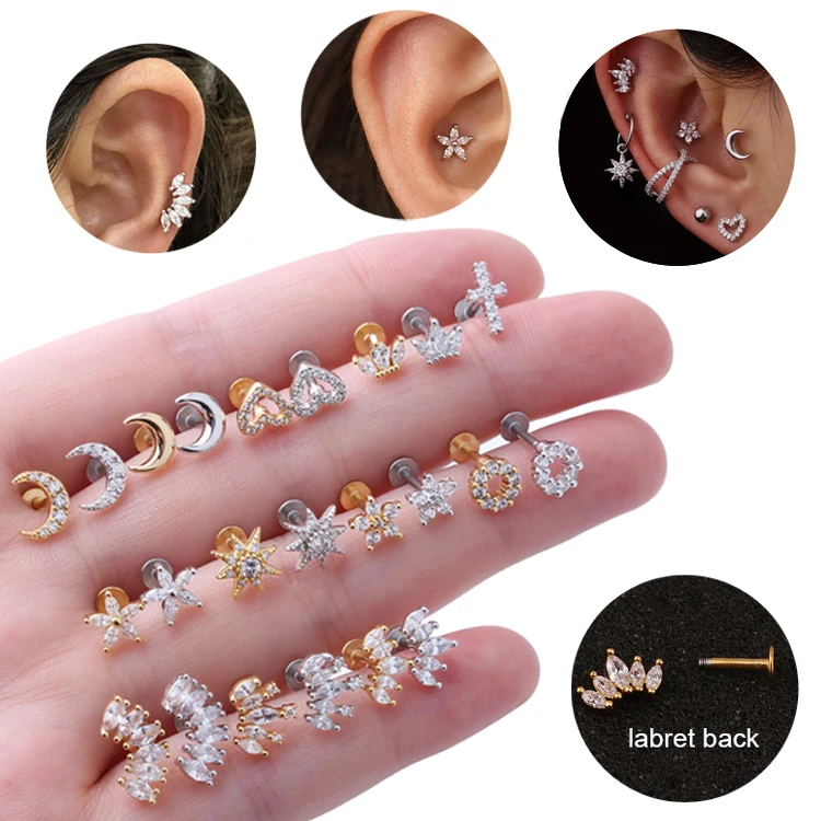 

1PC 16G Crystal Circle Moon Star Crown Lip Labret Stud Barbell Cartilage Ear Piercing Conch Helix Earring