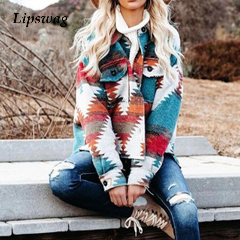 

Vintage Printed Loose Outerwear Womens Autumn Casual Long Sleeve Buttoned Jackets Female 2021 Winter Fashion Overcoat Streetwear