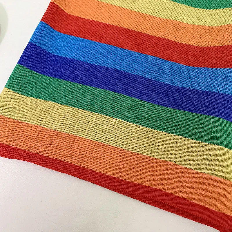 Rainbow Stripe Knit Cami Top Women Boho Stretchy Vintage Slim Fit Summer Vests Spaghetti Strap Cute Crop Tops Mujer Verano 2019 | Женская