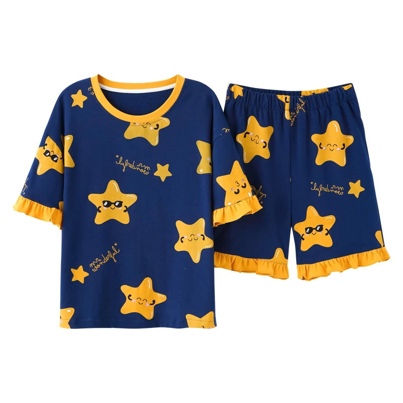 

BZEL Blue Stars Sleepwear Cotton Women's Pajamas Set Sweet Girls Shorts Home Suit Soft Comfort Pijamas Cute Nighty Pyjamas M-3XL