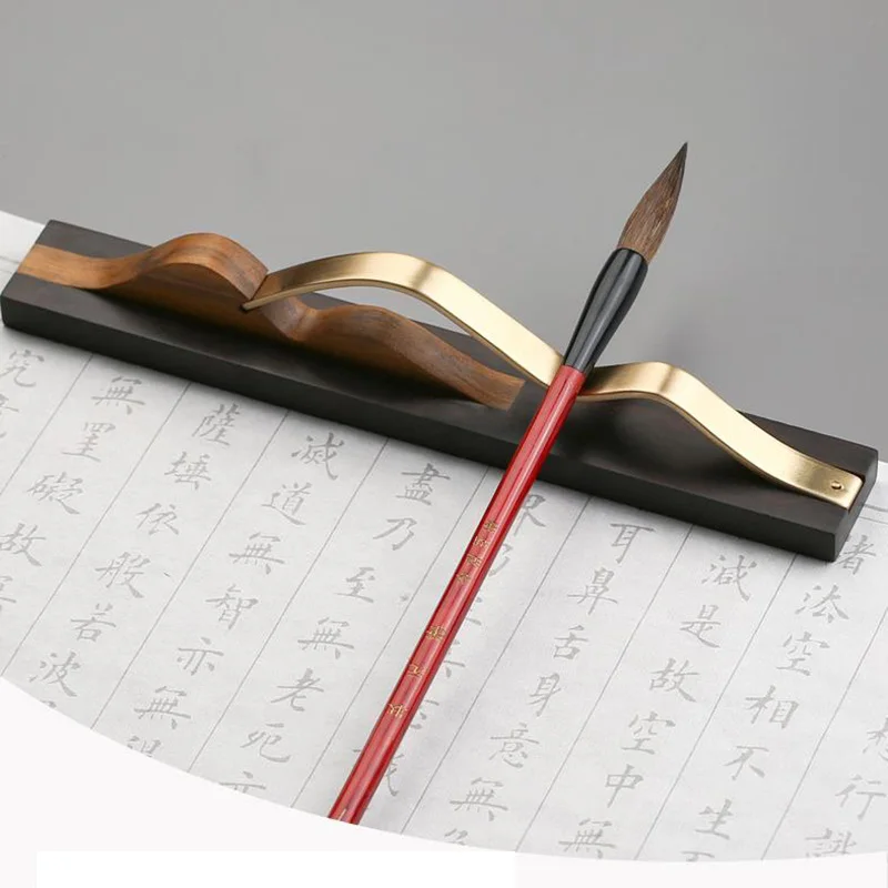 Chinese Calligraphy Painting Pen Holder Hill Shape Solid Wood Pen Resting Brass Embedded Desk  Supplies Customized