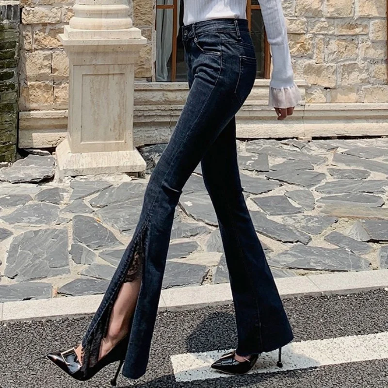 

Flare Fashion Jeans Woman Spring Autumn Slim Retro Denim Trousers Streetwear Lace Splice Split Office Lady Bell-Bottomed Pants