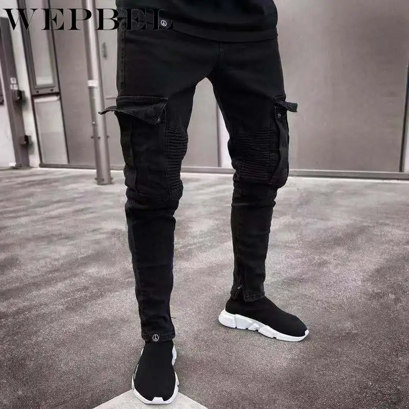 

WEPBEL Men High Waist Ruched Pocket Pencil Jeans Male Skinny Slim Fit Denim Pants Long Trousers