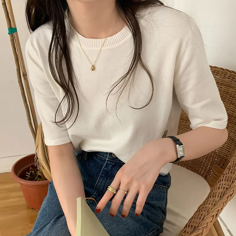 

2021 Summer Women Knitted T Shirt Short Sleeve Striped Round Neck Short Sleeve T-shirt For Women