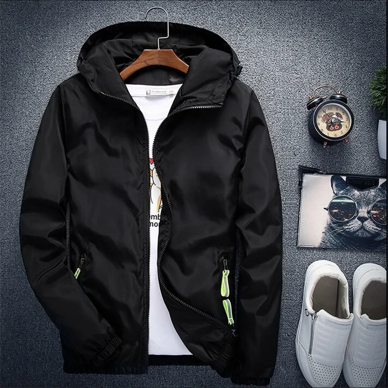 

Men's Jacket Spring Autumn Casual Solid Baseball Bomber Jackets Windbreaker Zipper Thin Hooded Coat Male Jacket Plus Size 7XL
