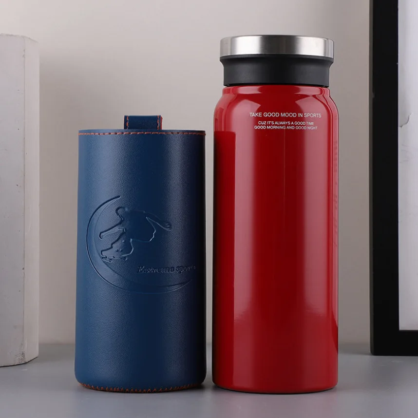 550/750ml Stainless Steel Vacuum Flasks Thermos Car Cup with Leather Case Portable Business Straight Outdoor Water | Дом и сад