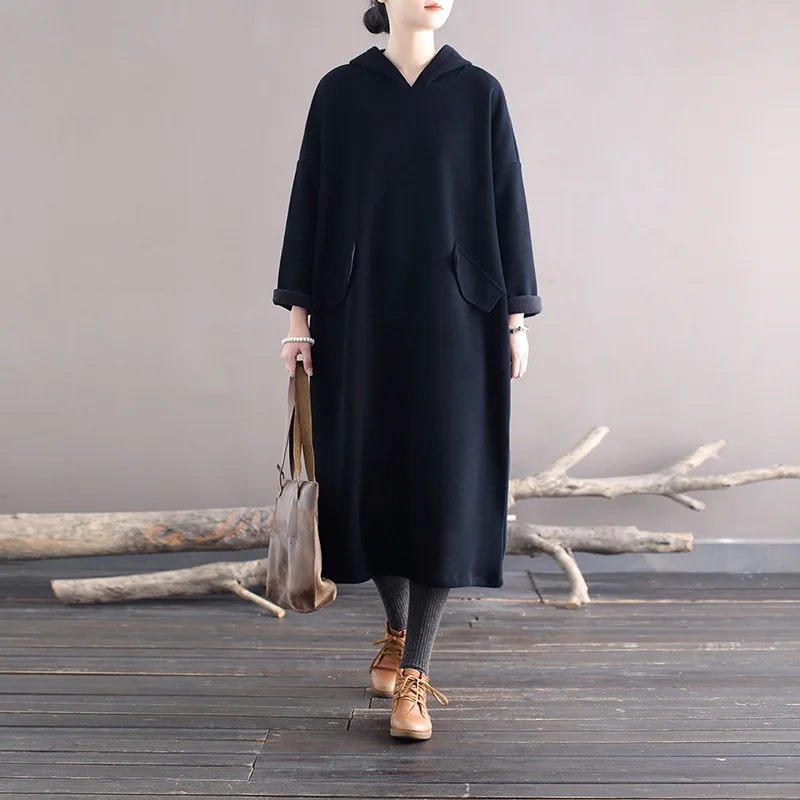 Johnature женское платье с капюшоном в стиле ретро плюшевое однотонное Свободное