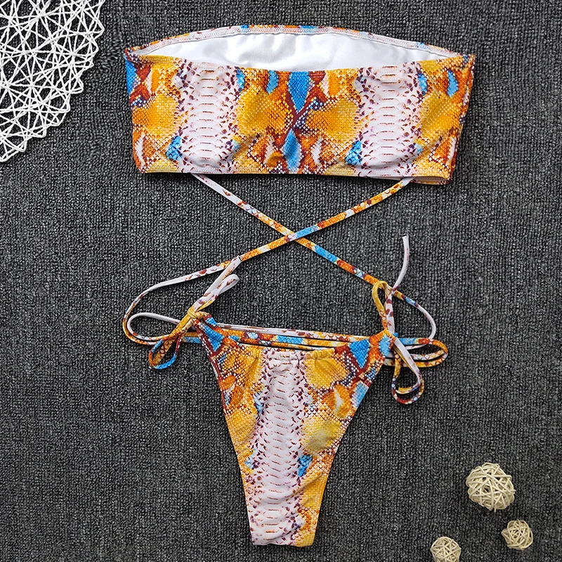 

In-X Sexy snake print bikini 2020 bandeau swimsuit women swimwear String brazilian bikini Strapless swimsuit female bathing suit