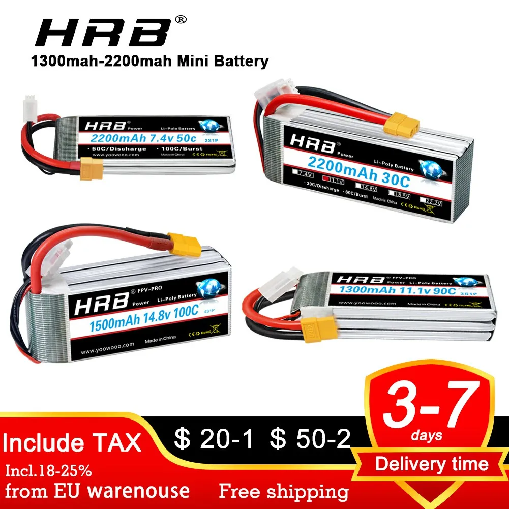 

HRB 2S 3S 4S Lipo Battery 1300mah 1500mah 1800mah 2200mah with XT60 Connector For FPV Drone Quadcopter Jet Airplne 380L RC Car