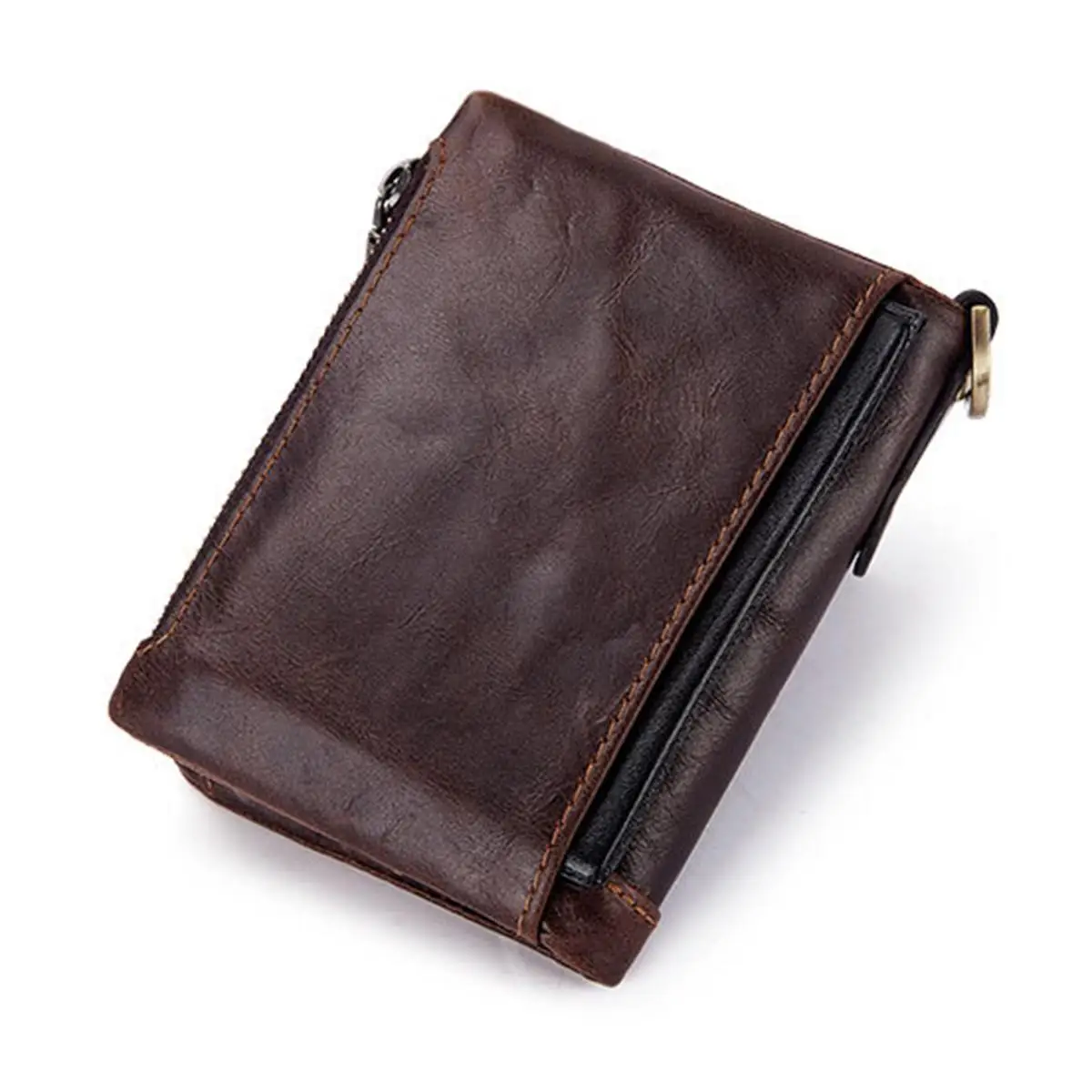 100% Genuine Leather Men's Wallet Short Coin Purse Zipper&Hasp Closure Type High Quality RFID Tri-fold Wallet With Chain