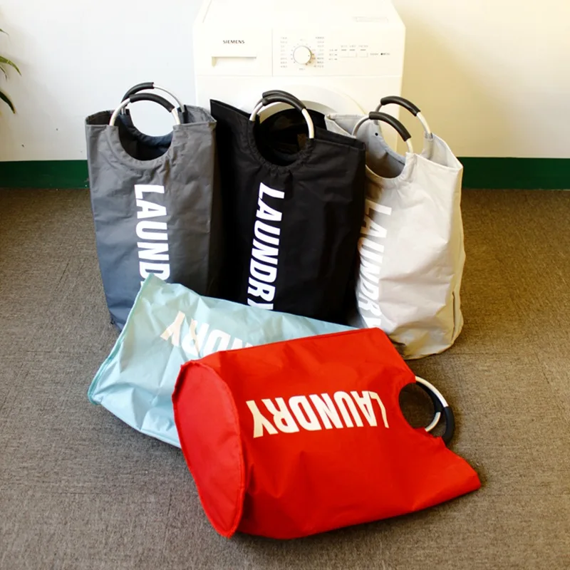 Large-capacity clothing storage bag at home, Oxford cloth double-layer laundry bag, round aluminum handle dirty clothes hamper