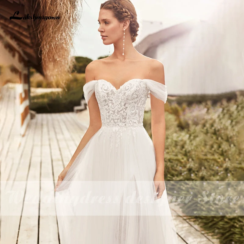

Lakshmigown Bohemian Boho Wedding Dresses 2021 robe de mariee Off the Shoulder Tulle Bridal Dresses Appliques vestidos de renda